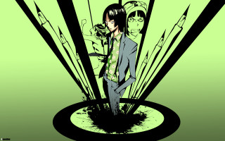 Woman green background arrows gun - her hand and a man in a suit free wallpaper