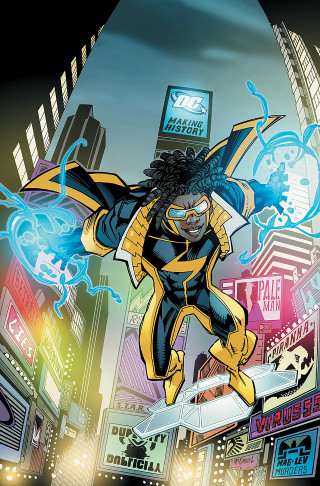 Cartoon man yellow black flying - tall building free wallpaper