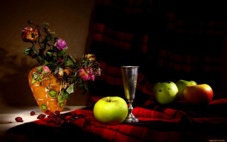 Vase flowers apples table cloth - a still life free wallpaper