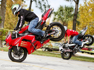 Man riding red motorcycle wheelie - another man free wallpaper