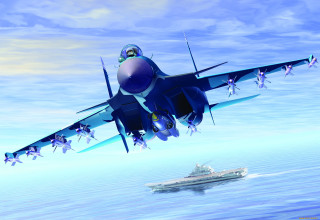 Blue fighter jet ocean boat - smaller free wallpaper