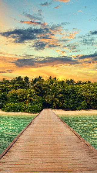 Wooden dock ocean tropical island - dawn free wallpaper