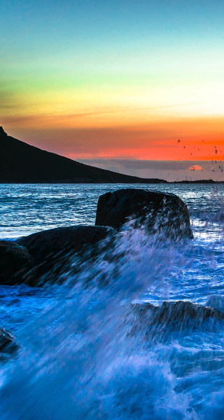 Sunset water mountain crashing wave - beautiful landscape free wallpaper