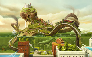 City train giant tree painting - a train free wallpaper