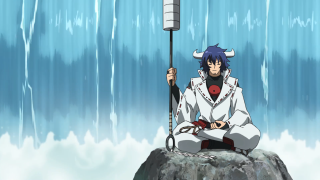 Man sitting rock holding pole - a pole free wallpaper