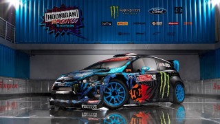 Car monster wheels garage blue 2 - a blue wall free wallpaper
