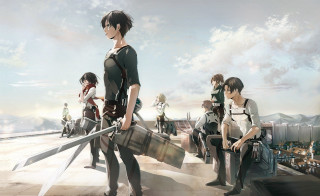 Group people roof swords suitcase - official art free wallpaper for desktop