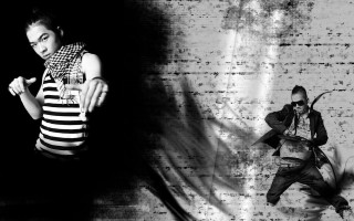 Dancing woman brickwall striped man - a brick wall free wallpaper