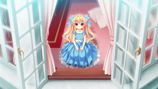 Cartoon girl blue dress doorway - a red carpet free wallpaper