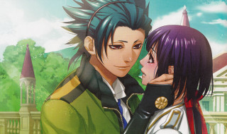 Anime couple cityscape green jacket - a building and trees free wallpaper