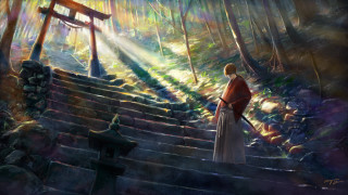 Woman standing stairs woods sword - christophe vacher free wallpaper