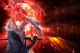 Anime red hair scarf sword - her head holding free wallpaper