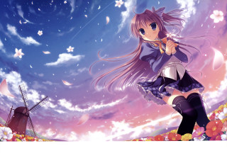 Girl skirt boots field windmill - a windmill in the background free wallpaper