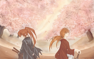 Anime characters pink tree blossoms - two anime character free wallpaper
