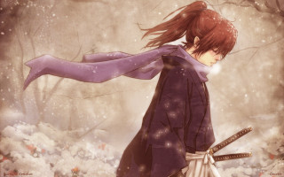 Woman sword snowy forest snow 2 - her head and a scarf free wallpaper