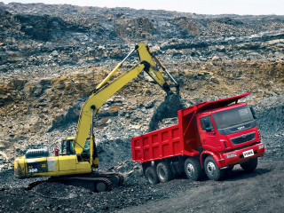 Red truck yellow bulldozer dirt - a yellow truck free wallpaper