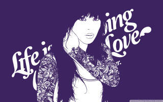 Woman flowered shirt purple background - cover free wallpaper