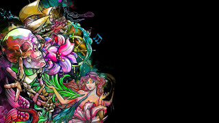 Skeleton mermaid flowers music notes - psychedelic free wallpaper