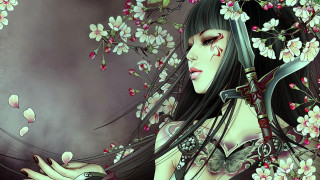 Woman sword flowers neck veil - her face free wallpaper for desktop