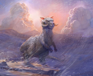 Horned creature beard rock ocean - a painting of a creature free wallpaper