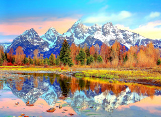 Mountain lake trees sunset sky 2 - the background free wallpaper