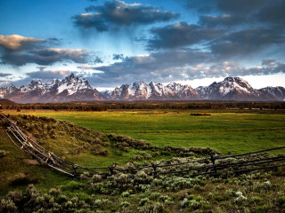 Fence field mountains clouds sky - ansel adams free wallpaper