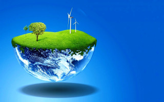 Green island trees windmills nature - solarpunk free wallpaper