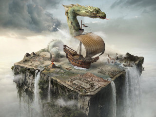 Dragon flying boat waterfall man - the water free wallpaper