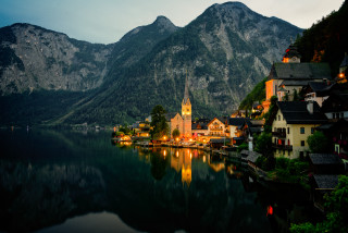 Lake church mountains nighttime lights - german romanticism free wallpaper