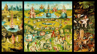 People field flowers trees animals - surrealist free wallpaper