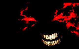 Demonic glowing teeth eyes fire - red smoke free wallpaper
