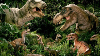 Dinosaurs jungle man trees plants - neoprimitivism free wallpaper