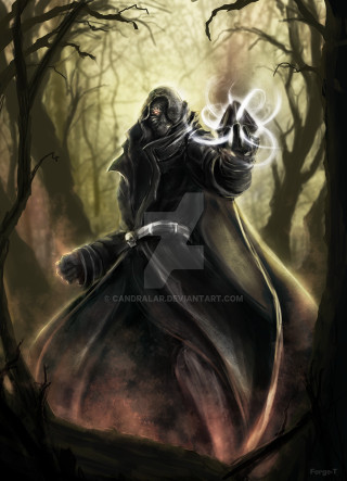 Man black coat lightsaber forest - tree and fog in the background free wallpaper