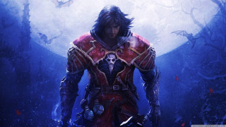 Man red outfit full moon - his hand and a skull free wallpaper