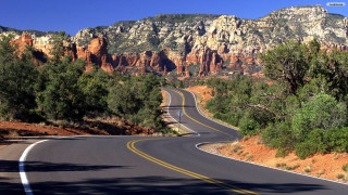 Road mountain trees sides sign - the right side free wallpaper