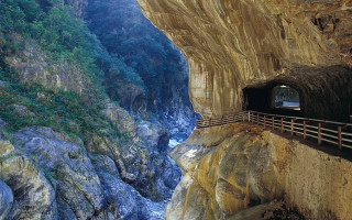 Tunnel mountain wooden railing river - beautiful free wallpaper for desktop