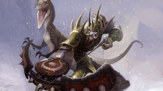 Man riding dinosaur snowy forest - chris rahn free wallpaper