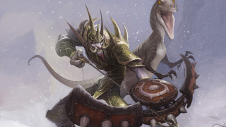 Man riding dinosaur snowy forest 2 - chris rahn free wallpaper