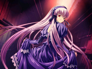 Woman purple dress dark alley - a red light behind her free wallpaper