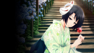 Woman kimono holding flower stairway 2 - magic realism free wallpaper