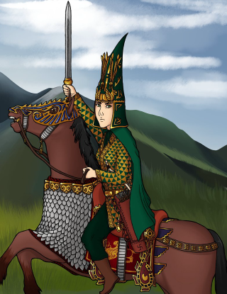 Man green gold outfit horse - his hand and a helmet free wallpaper