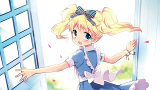 Girl blue dress door waving - a blue ribbon free wallpaper