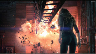 Woman fire building smoke debris - a fire free wallpaper