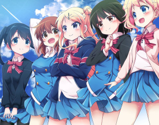 Anime girls blue dresses crossed - their back free wallpaper