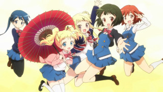 Girls school uniforms umbrella posing - a picture together in front free wallpaper