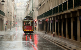 Trolley car wet street rainy - florence engelbach free wallpaper