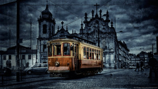 Trolley car night city dark - matte drawing free wallpaper
