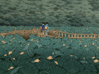 People boat flowers leaves bridge - two person free wallpaper