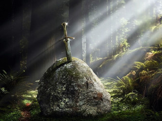 Sword rock forest sunlight fantasy - a rock in a forest free wallpaper