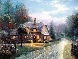 Countryside house road light car - thomas kindkade free wallpaper